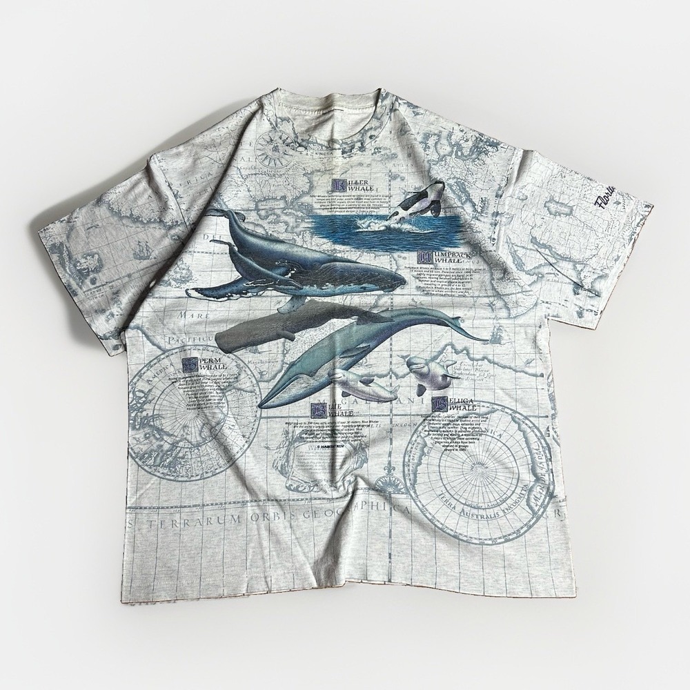 Vintage 90s Whale Species Shirt Mens XL* Animals Nature AOP Single Stitch USA